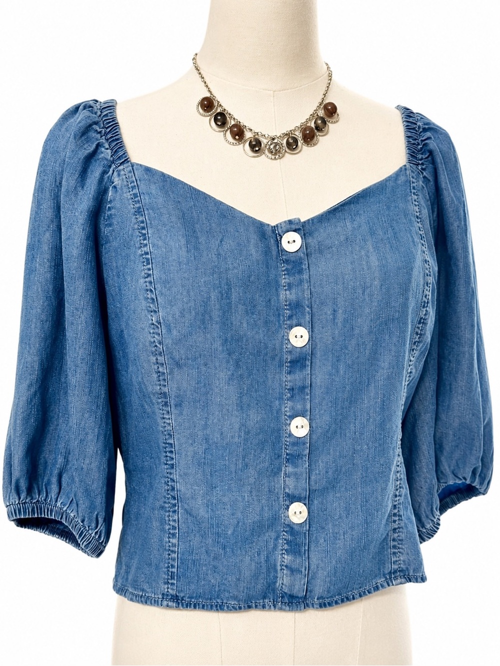 Express Indigo Denim Button-Front Puff Sleeve Top